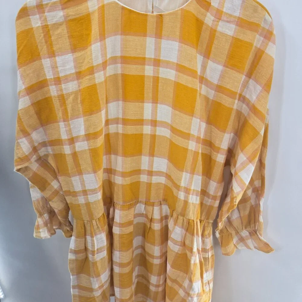 Mango MNG Mustard Yellow Checkered Gingham 100% Cotton Pockets Mini Dress XS